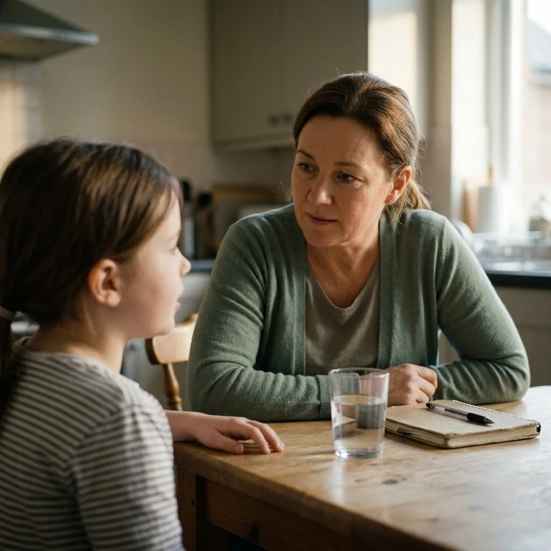 An adult listens quietly as a child speaks at a kitchen table in afternoon window light